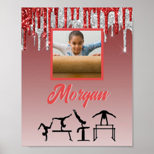 Gymnastics Red & Silver Glitter Drip Anpassningsba Poster