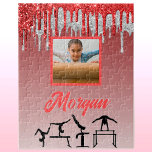 Gymnastics Red & Silver Glitter Drip Anpassningsba Pussel<br><div class="desc">Gymnastics Red och Silver Glitter Drip Ombre-personlig med namn i din gymnast eller din gymnastik klubb namn och ditt eget foto!</div>
