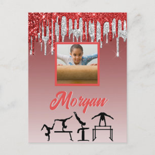 Gymnastics Red & Silver Glitter Drip Anpassningsba Vykort
