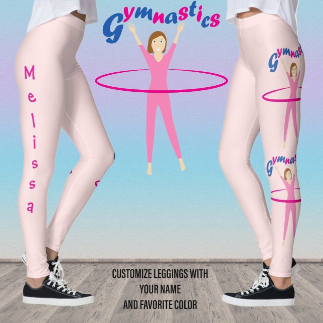Gymnastics Rosa hula hooping girl Ditt eget namn Leggings (Fun pink leggings for gymnastic girls with custom text and color. )