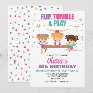 Gymnastics Rosa Lila Turkvoise Girl Birthday Inbjudningar