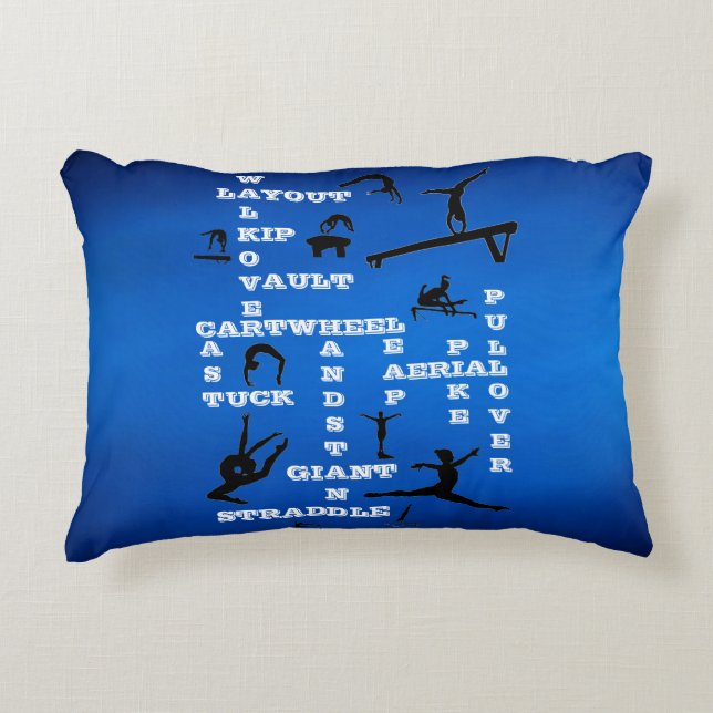 Gymnastics Skills Crosswords Blue Pillow w/ Namn Prydnadskudde (Framsidan)