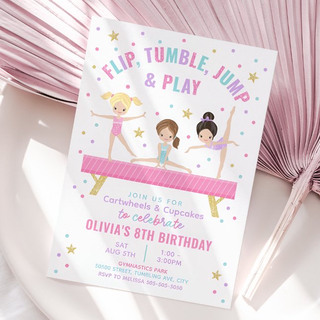 Gymnastics Tumble Rosa Birthday-inbjudan Inbjudningar (Gymnastics Party Invitation)