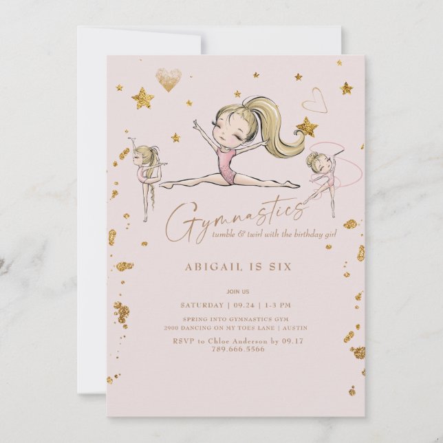Gymnastics Tumble & Twirl Födelsedagsfest Blonde Inbjudningar (Framsida)