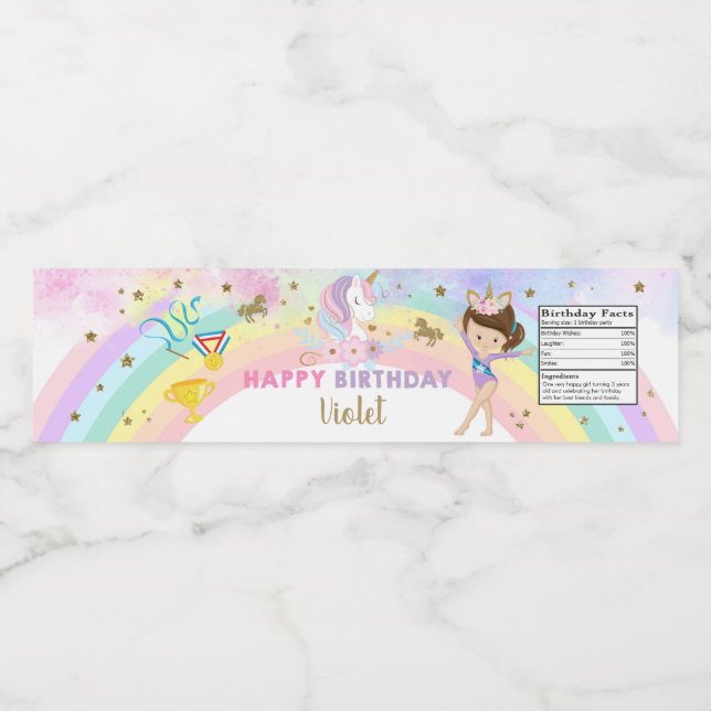 Gymnastics & Unicorn girl birthday bottle label. Vattenflaskor Etikett (Singel etikett)