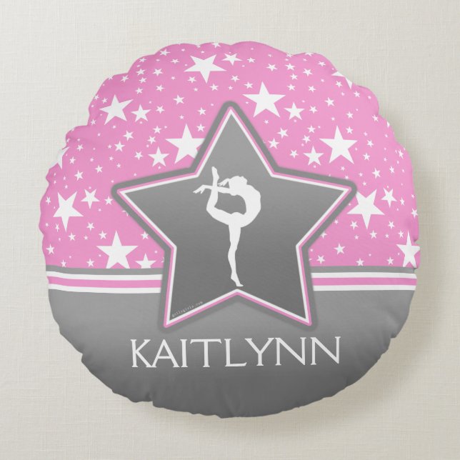 Gymnastik bland stjärnorna i rosor med DITT NAMN Rund Kudde (Framsidan)