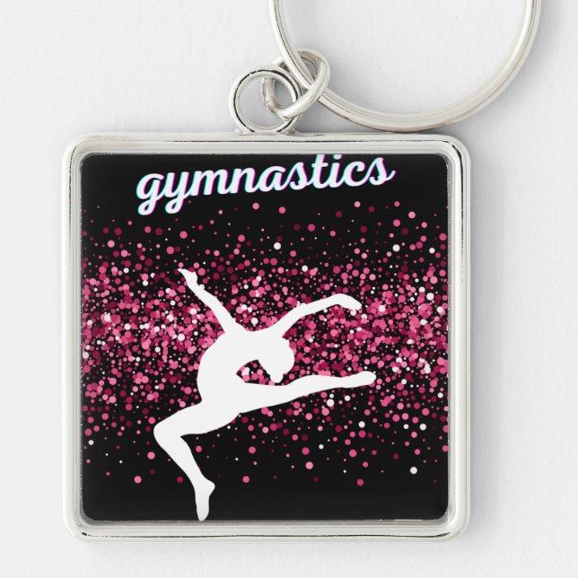 Gymnastikläder Rosa Glitter Fyrkantig Silverfärgad Nyckelring (Framsidan)