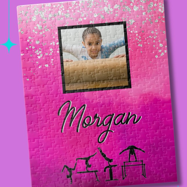 GymnastikRosa, Silver, Glitter Anpassningsbar Phot Pussel (Custom made gymnastics puzzle with the name and photo of your gymnast)
