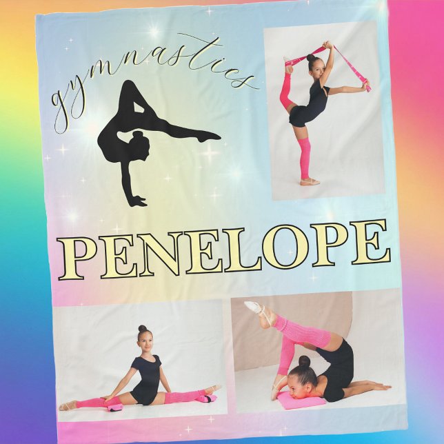 Gymnastisk pastel Rainbow Gradient 3 Photo Anpassn Fleecefilt (3 Photo Gymnastics Personalized Blanket with Name in Bold Yellow Pastel Font)