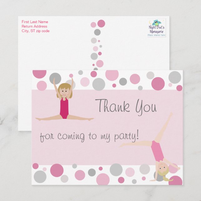 Gymnastiskt Party Tack i Pinks & Grått Vykort (Fram/baksida)