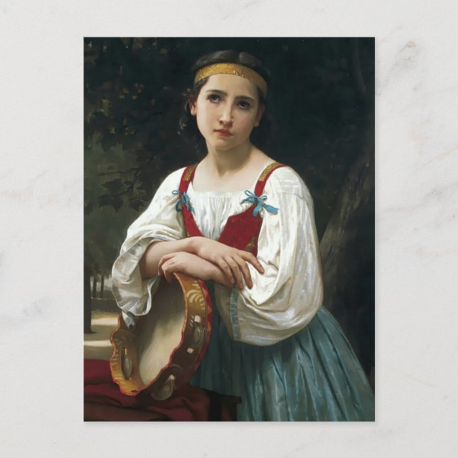 Gypsy Girl with a Tambourine by Bouguereau Vykort (Framsida)