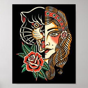 Gypsy Panther American Traditional Tattoo Bläck Ol Poster