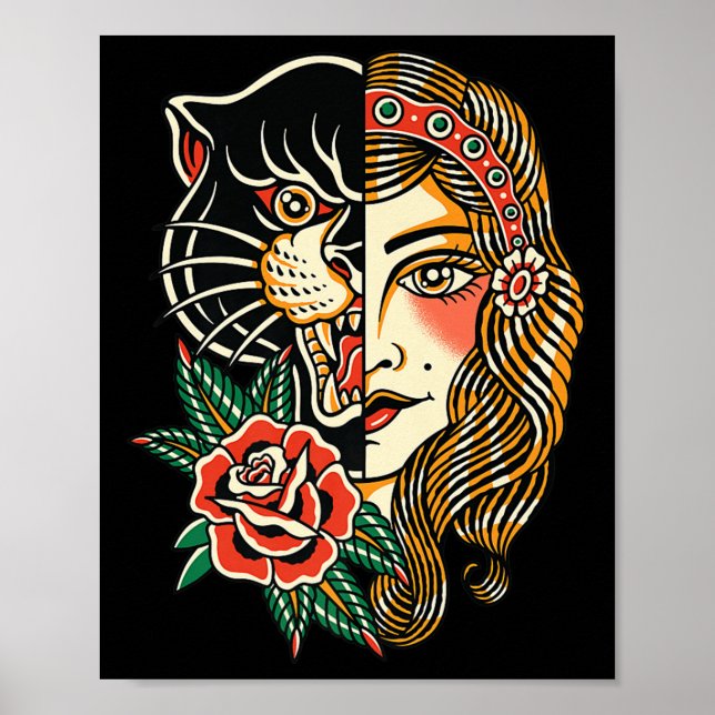 Gypsy Panther American Traditional Tattoo Bläck Ol Poster (Framsidan)