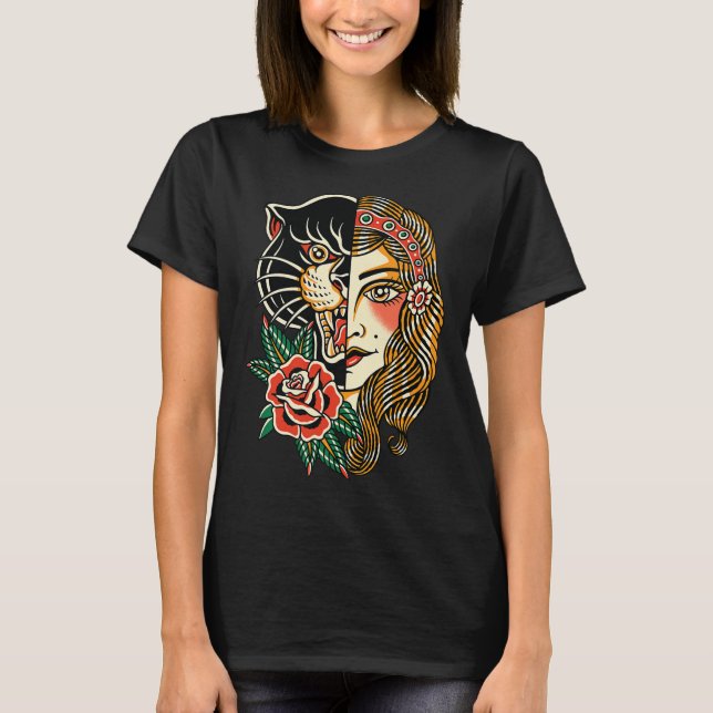 Gypsy Panther American Traditional Tattoo Bläck Ol T Shirt (Framsida)