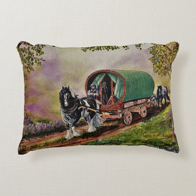 Gypsy Vanner Horse Irish Caravan Wagon Tapestry Prydnadskudde (Framsidan)