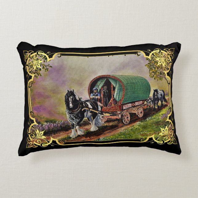 Gypsy Vanner Horse Irish Caravan Wagon Tapestry Prydnadskudde (Framsidan)