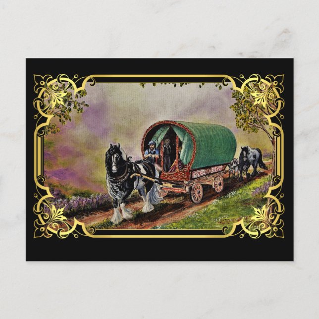 Gypsy Vanner Horse Irish Caravan Wagon Tapestry Vykort (Framsida)