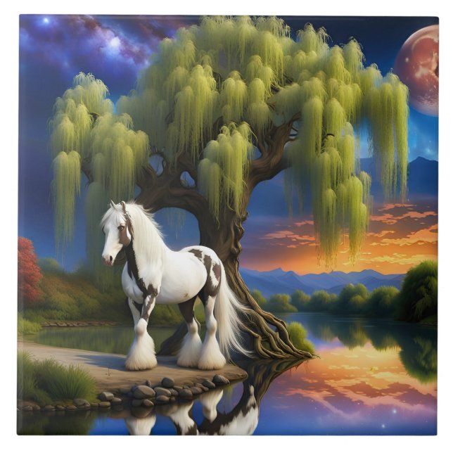 Gypsy Vanner Horse -Willow träd N Full Moon Kakelplatta (Framsidan)