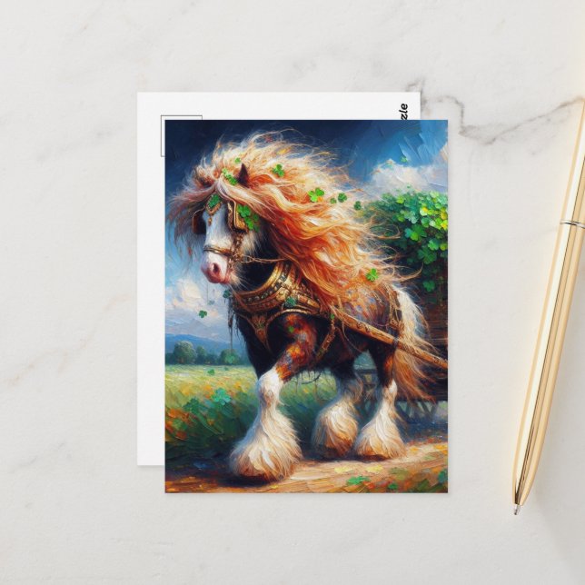 Gypsy Vanner Pulling a Cartload of Shamrocks Vykort (Fram/Back In Situ)