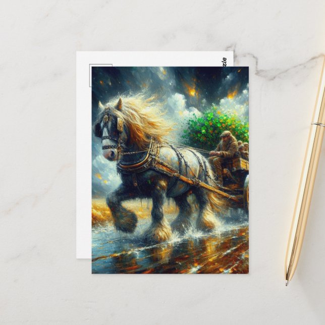 Gypsy Vanner Pulling Shamrocks och People Cartload Vykort (Fram/Back In Situ)