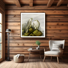 Gyr falcons på en bergsgam, Bird Illustrations Poster
