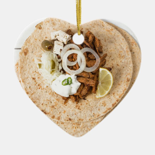 Gyros pita med tzatziki coleslaw olives och feta julgransprydnad keramik (Framsidan)