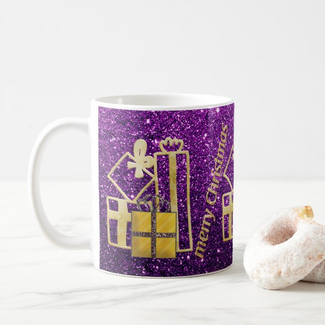 Gyullene julklappar lila falsk glitter kaffemugg (Med munk)