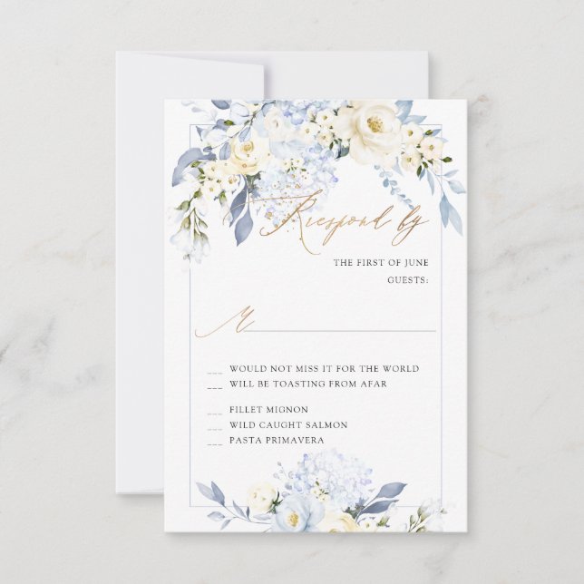 H2 Blå Hortensia Krämrosor RSVP-kort Inbjudningar (Framsida)