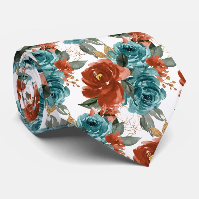 H2 Blommor Teal Grön Rost Orange Rosor   Slips (Rullad)