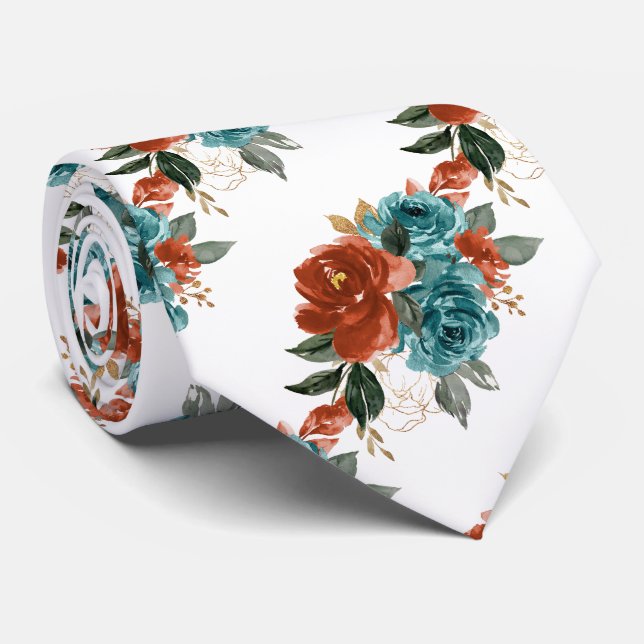 H2 Blommor Tealgrön Rostorange Rosor   Slips (Rullad)