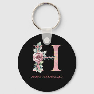 H Blommigt Monogram Namn Brev Rosa Agate Keychain Nyckelring