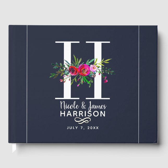 H Bokstav Initial Monogram Blommig Namn Bröllop Gästböcker (Framsida)