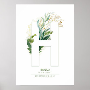 H Bokstav Monogram Guld Grönska Chic Poster
