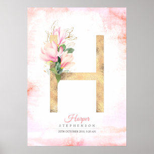 H Bokstav Monogram Guldblad Rosa Magnolia Blommig Poster