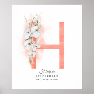 H Bokstav Monogram Vita Orkidéer och Pampasgräs Poster