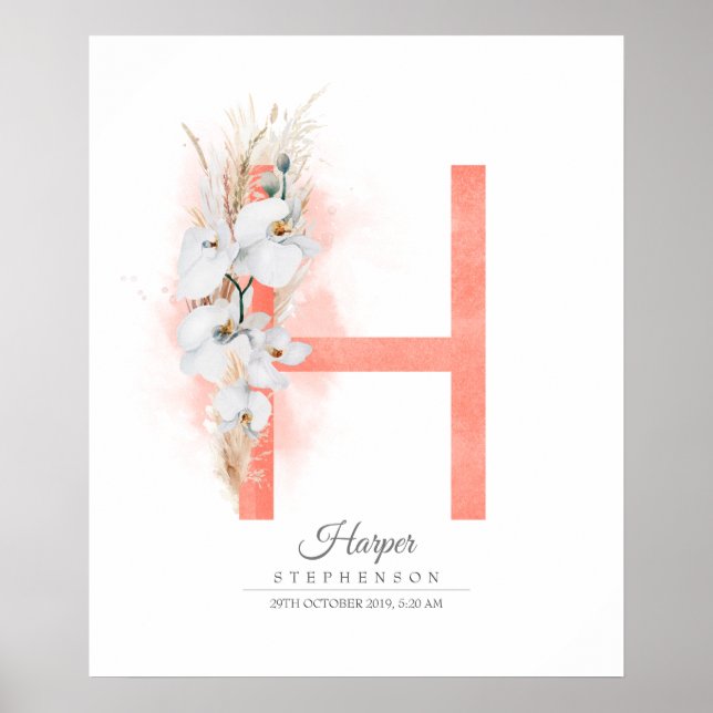 H Bokstav Monogram Vita Orkidéer och Pampasgräs Poster (Framsidan)