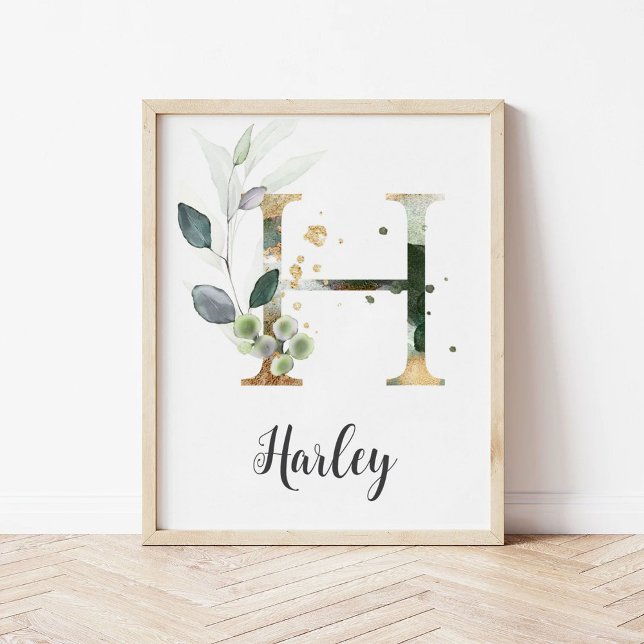H Bokstavsmonogram Greenery Nursery Namnskylt Vägg Poster (Skapare uppladdad)