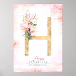 H Bokstavsmonogram Guldblad Rosa Magnolia Blommig Poster