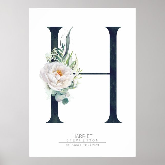 H Bokstavsmonogram Vita Blommor och Grönt Poster (Framsidan)