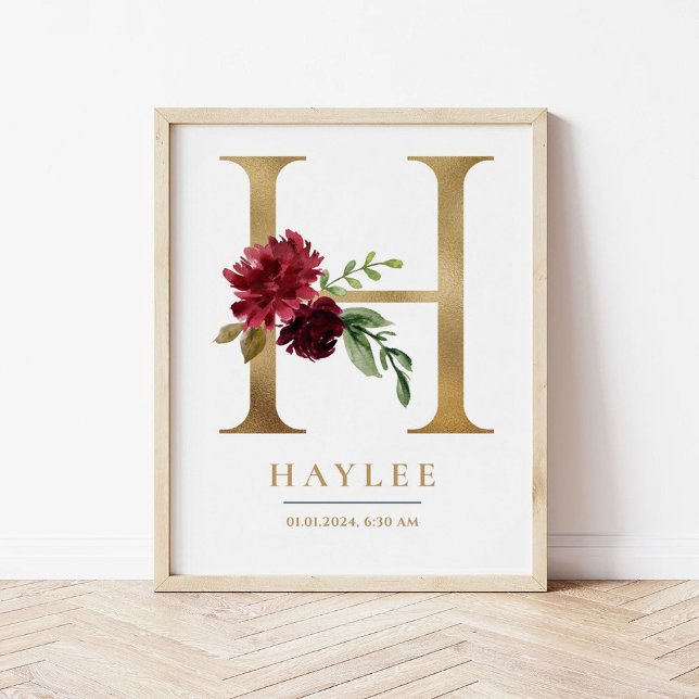 H Brev Monogram Namn Marsala Blommigt Nursery Poster (Skapare uppladdad)