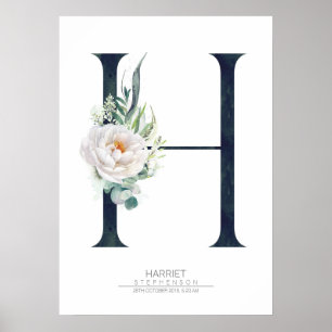 H Brev Monogram White Flowers and Greenery Poster