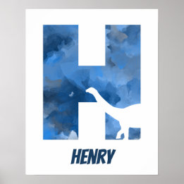 "H" Dinosaur Watercolor Blue Child's Namn Poster