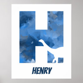 "H" Dinosaur Watercolor Blue Child's Namn Poster