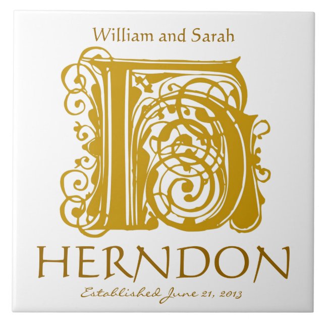 H Guld Monogram på vit - Namn Bröllop Datumpanel Kakelplatta (Framsidan)