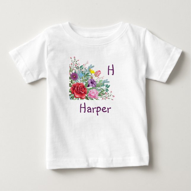 H Harper Personalize Brev Namn, Ro Flowers T Shirt (Framsida)