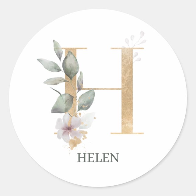 H Monogram-Blommigtens Personlig Runt Klistermärke (Framsida)