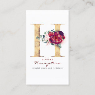 H Monogram Burgundy Red Flowers och Faux Guld Visitkort