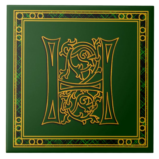 H Monogram "Irish Guld on Grönt" keramiska plattor Kakelplatta (Framsidan)
