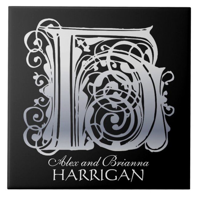 H Monogram "Silver Snöre on Black" med Namn Tile Kakelplatta (Framsidan)
