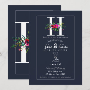 H Monogram Sist Initial Modern Blå Blommig Bröllop Inbjudningar